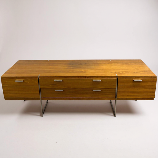 Mid Century Modern Low Walnut Sideboard | Chrome Base & Handles | Vintage Media Console Credenza | Retro Storage Cabinet
