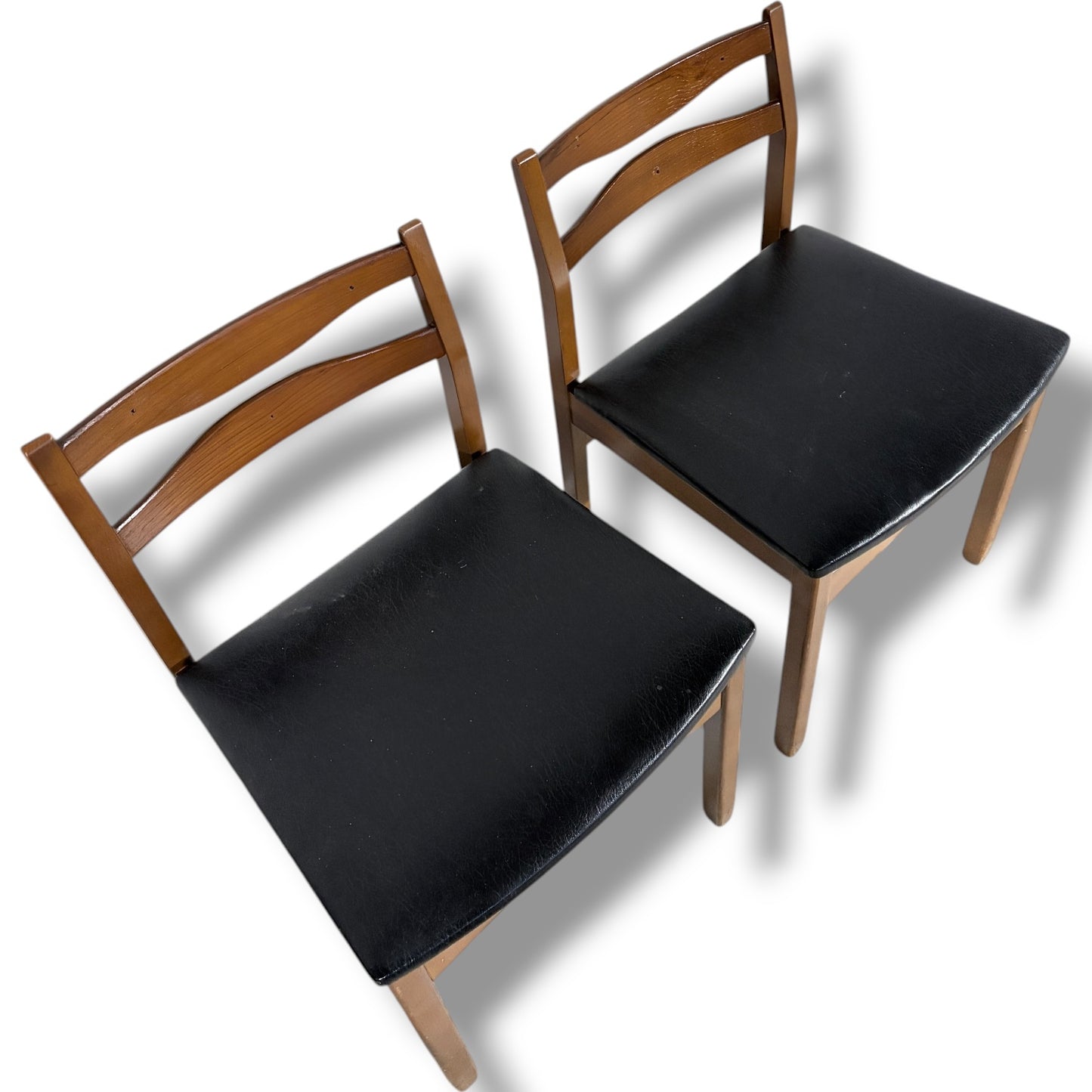 Mid Century Teak Chairs – Pair of Vintage Dining Seats with Black Upholstered Comfort