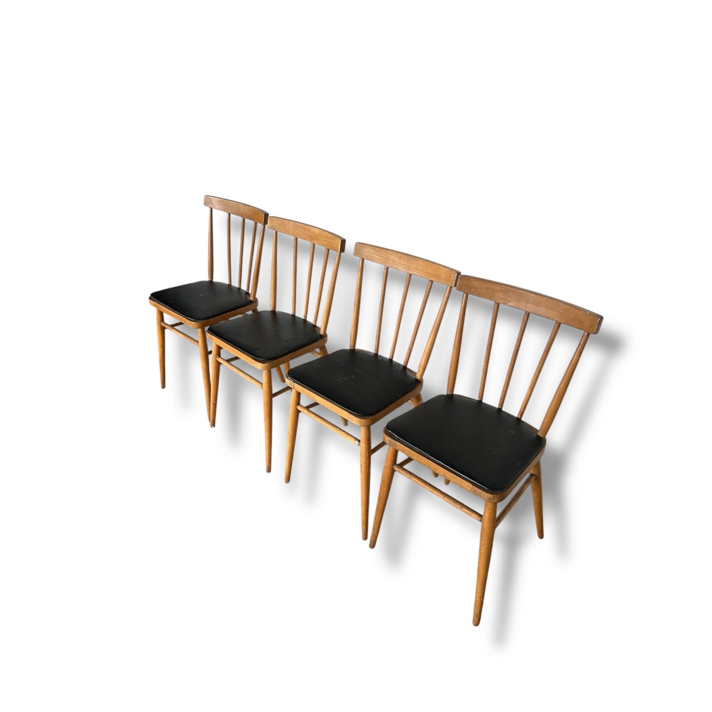 Set of 4 Vintage Stick Back Dining Chairs | Mid-Century Kitchen Chairs with Black Vinyl Seats