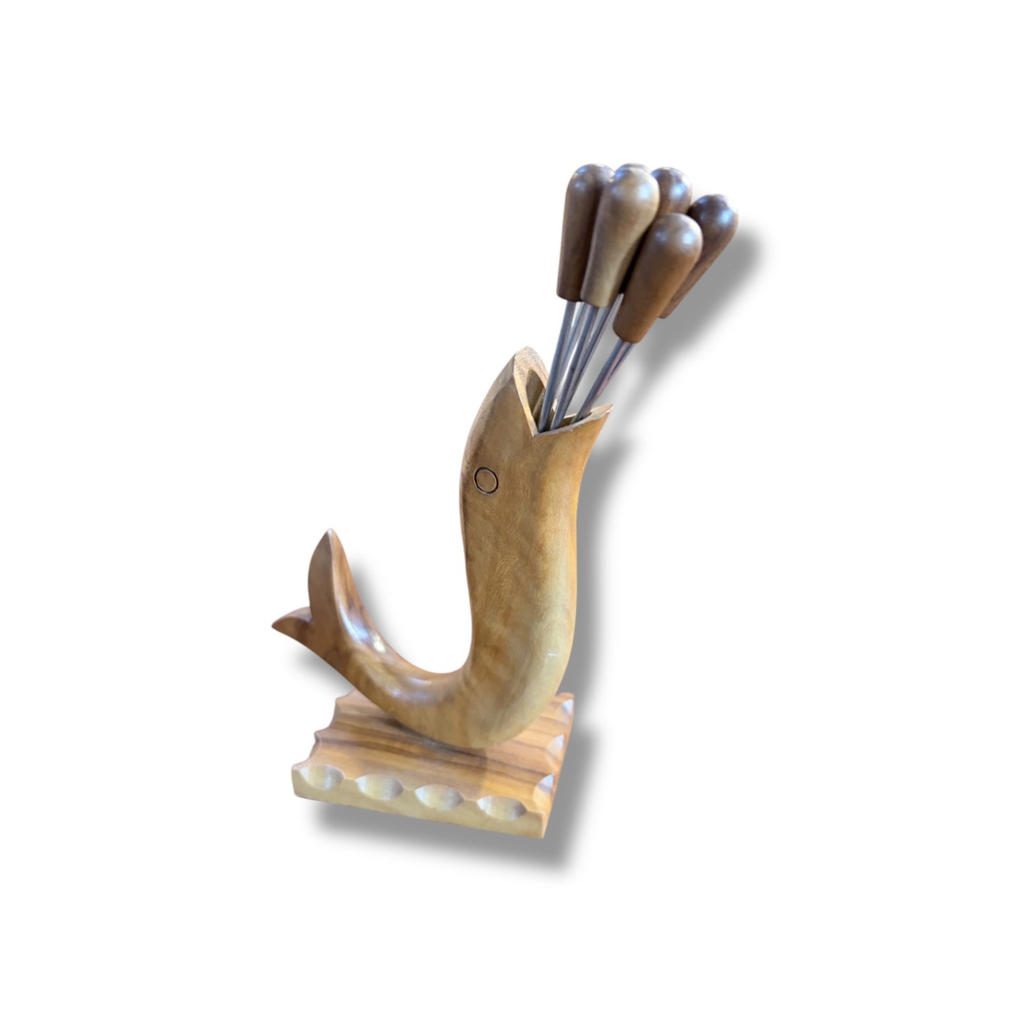 Mid-Century Olive Wood Fish-Form Knife & Pick Holder