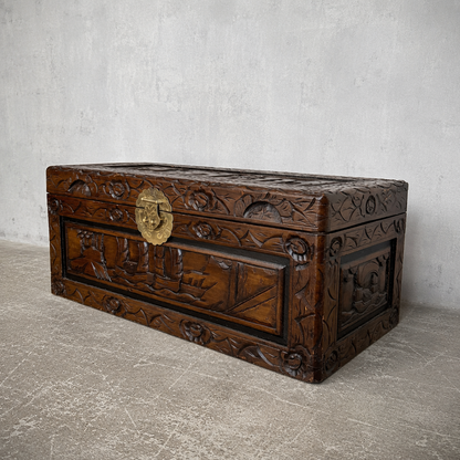 Antique Chinese Camphor Wood Carved Blanket Chest Hand-Carved Hope Chest Storage Trunk