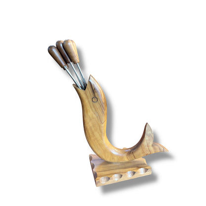 Mid-Century Olive Wood Fish-Form Knife & Pick Holder