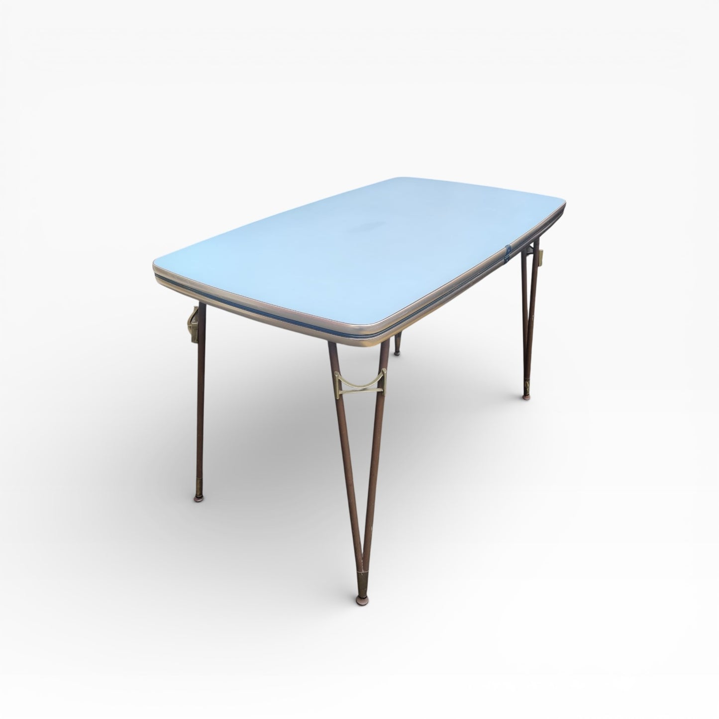 Mid Century Italian Blue Formica Dining Table & 4 Black Vinyl Chrome Chairs Set — view 19