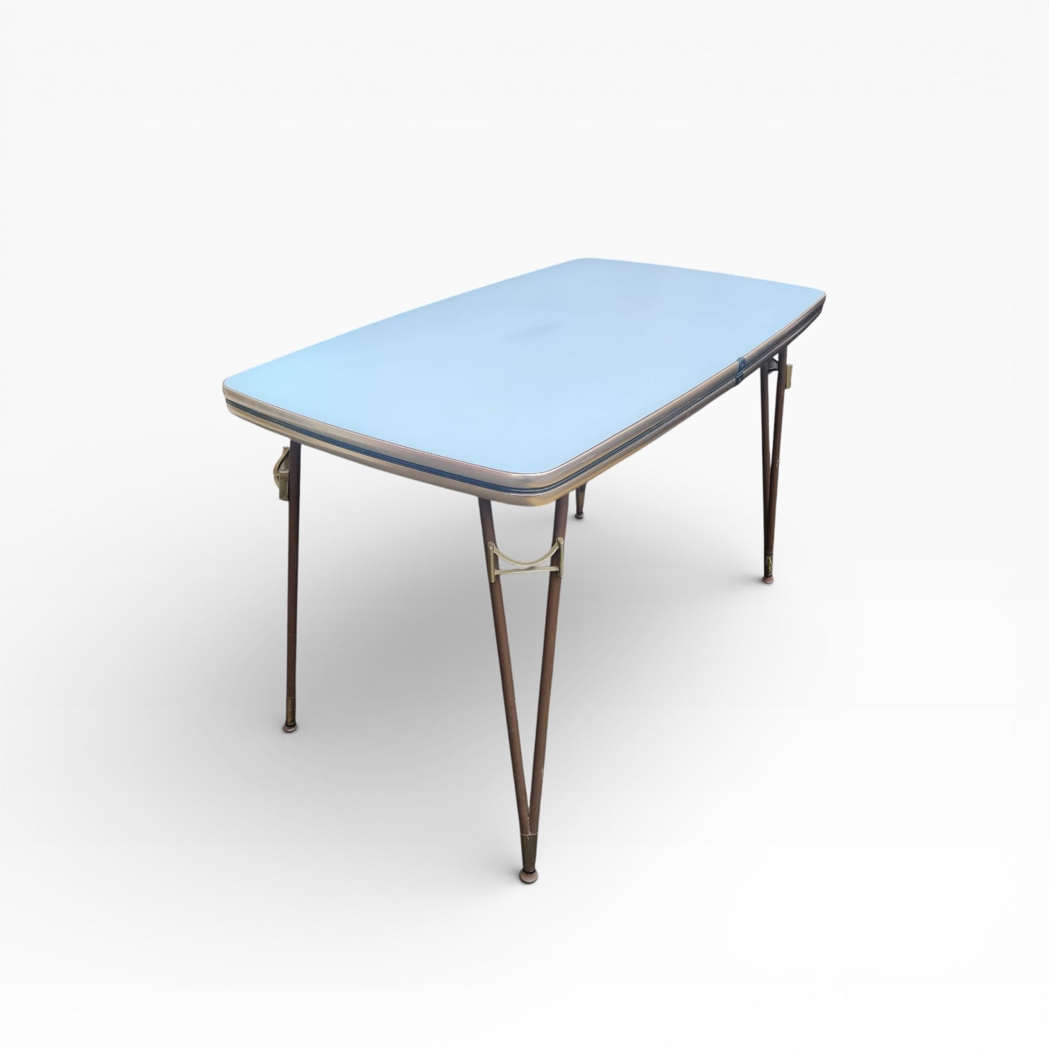 Mid Century Italian Blue Formica Dining Table & 4 Black Vinyl Chrome Chairs Set — view 19
