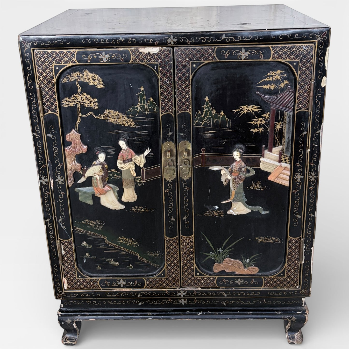 Chinese Black Lacquer Cocktail Cabinet with Mother of Pearl Inlay