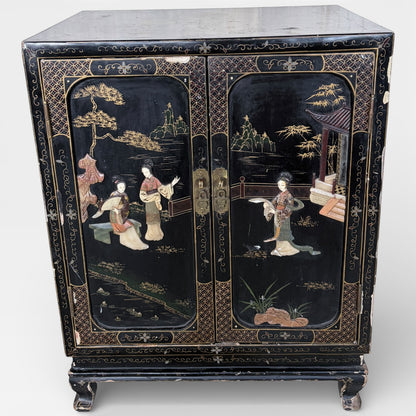 Chinese Black Lacquer Cocktail Cabinet with Mother of Pearl Inlay