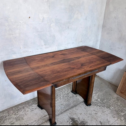 Art Deco Burr Walnut Draw Leaf Extending Dining Table
