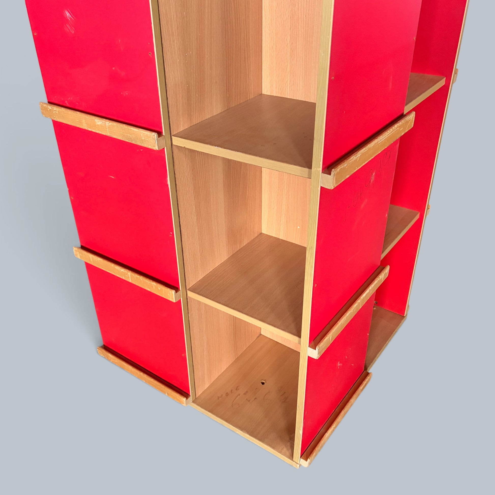 Handmade Postmodern Castle Bookcase & Vinyl Record Storage Unit – Red & Blue