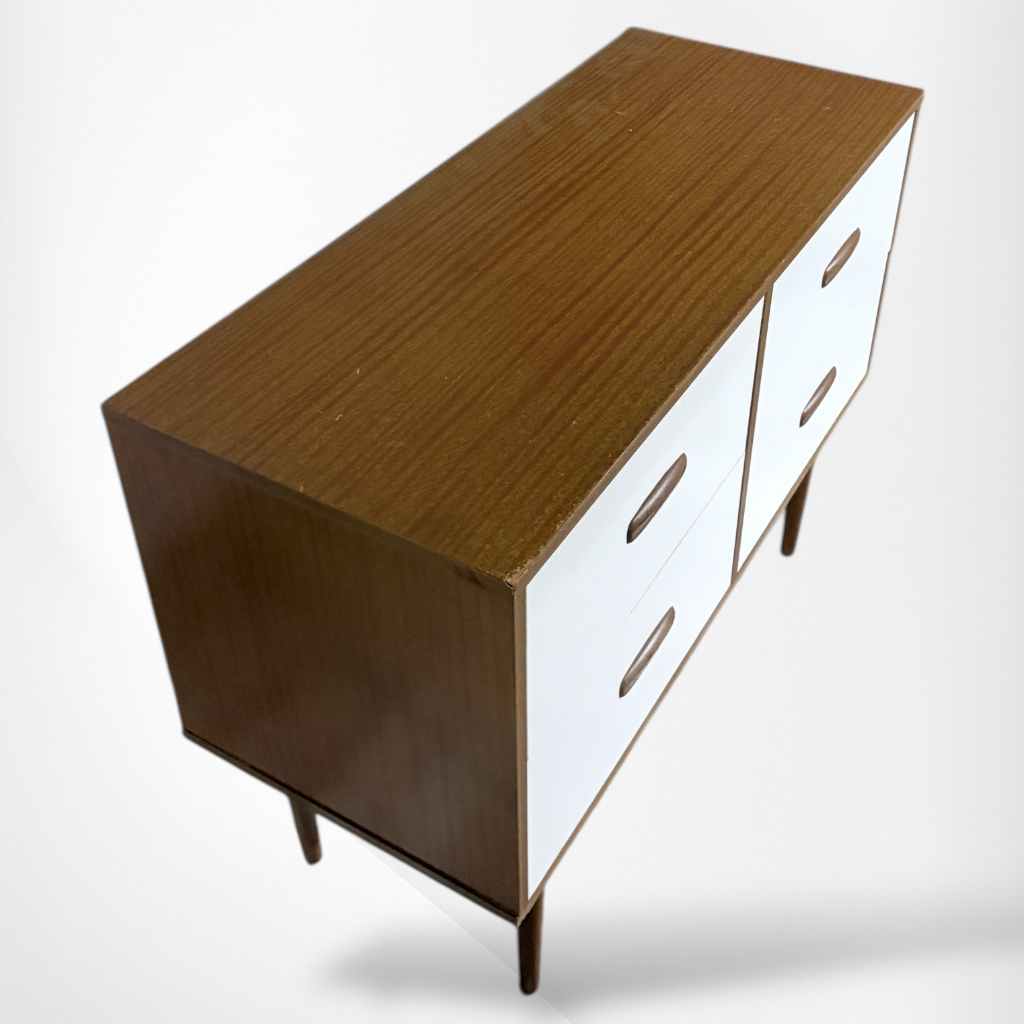 Mid-Century Storage Unit – Teak Cabinet With White Formica Drawers, Compact Sideboard