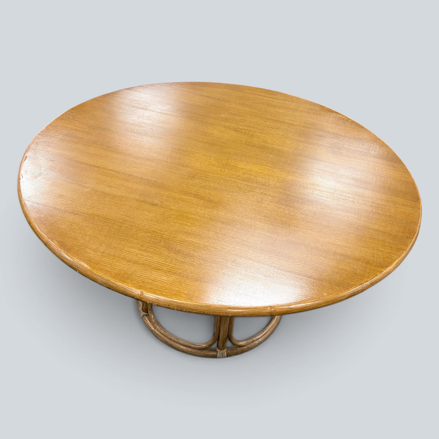 Vintage Oak & Bamboo Round Dining Table | Mid Century Rattan Pedestal Dining Table