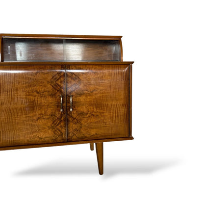Mid Century Sideboard – Walnut Lebus Cabinet with Display Glass Doors & Drawers