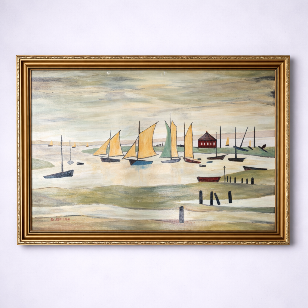 Vintage Coastal Harbour Painting by D. Ayrton – Sailboats & Shoreline in Ornate Gold Frame