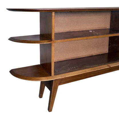 Large Mid Century Teak Display Cabinet / Media Console – Curved Open Shelving Unit