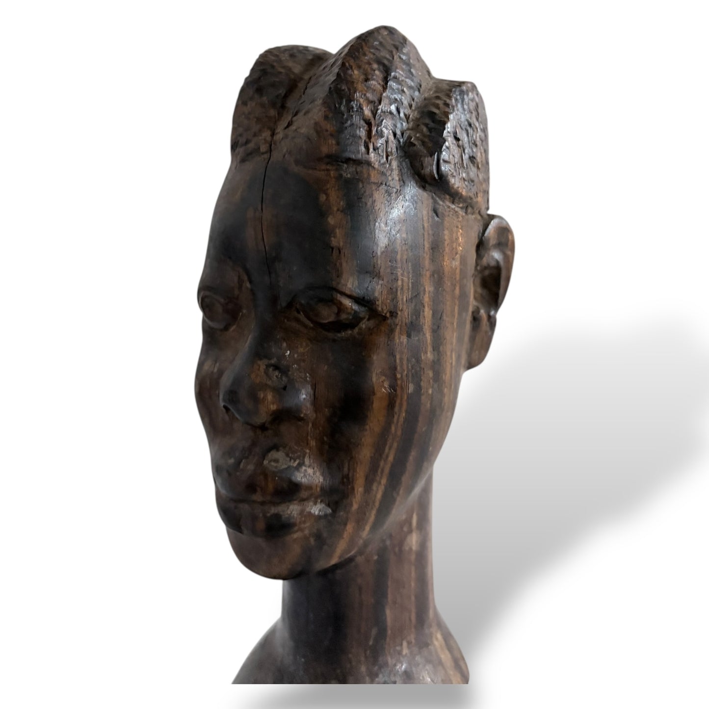 Hand-Carved Wooden Head Sculpture – Mid Century / Tribal Style Decorative Bust — view 4