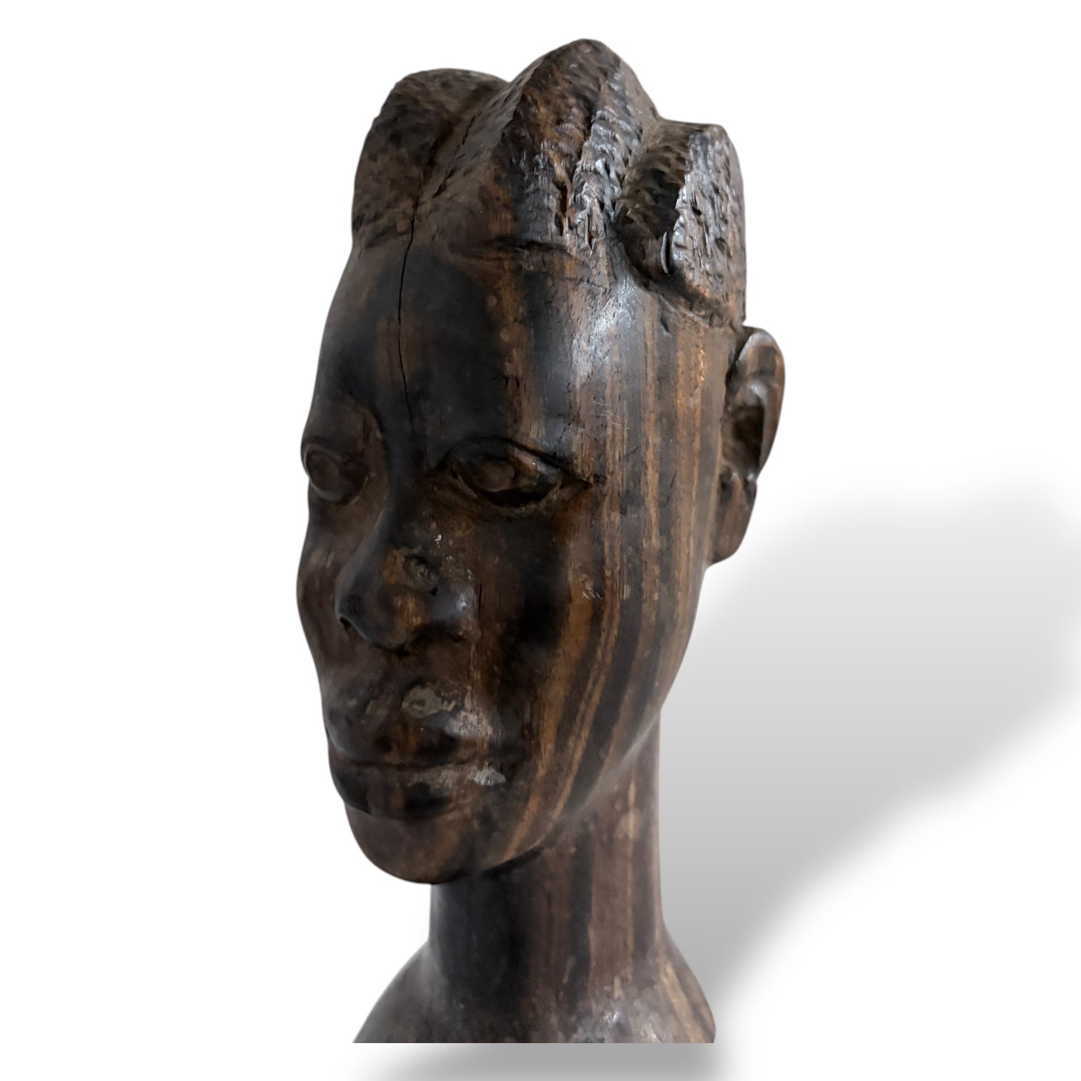 Hand-Carved Wooden Head Sculpture – Mid Century / Tribal Style Decorative Bust — view 4