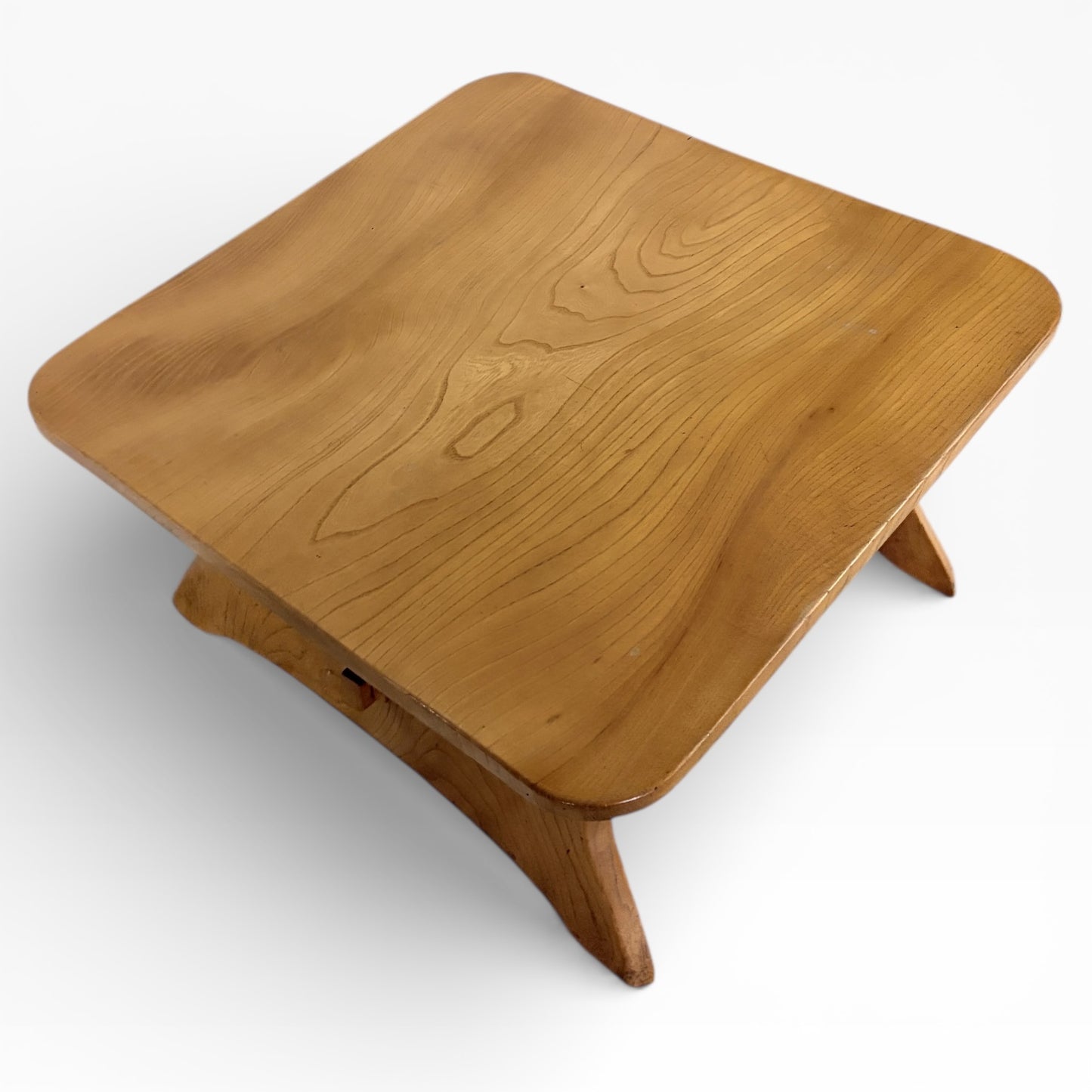 Solid Elm Coffee Table – Mid-Century Square Wood Table With Sculptural Legs