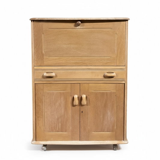 Vintage Oak Bureau - Drop Front Desk | Compact Writing Desk With Castor Wheels