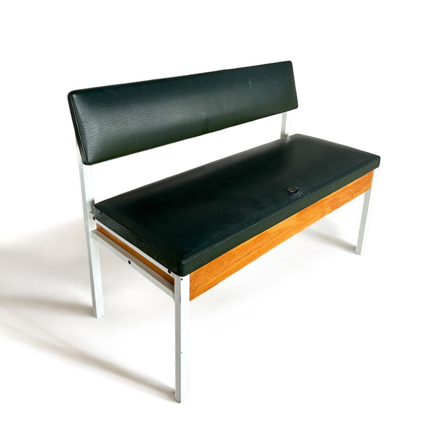 Mid Century Dark Green Metal and Wood Storage Bench
