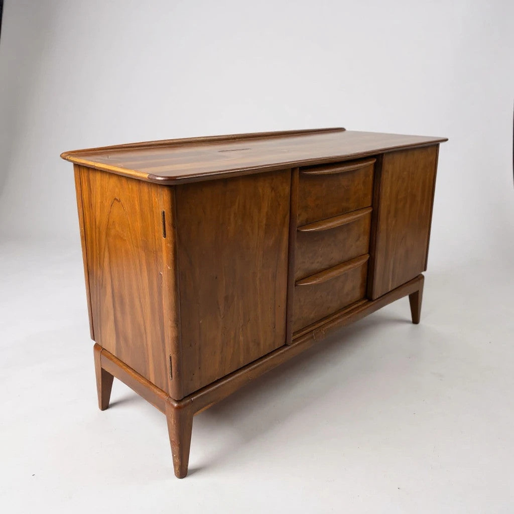Mid Century Sideboard - McIntosh Walnut Wood Cabinet With Burr Veneer & Sculpted Handles