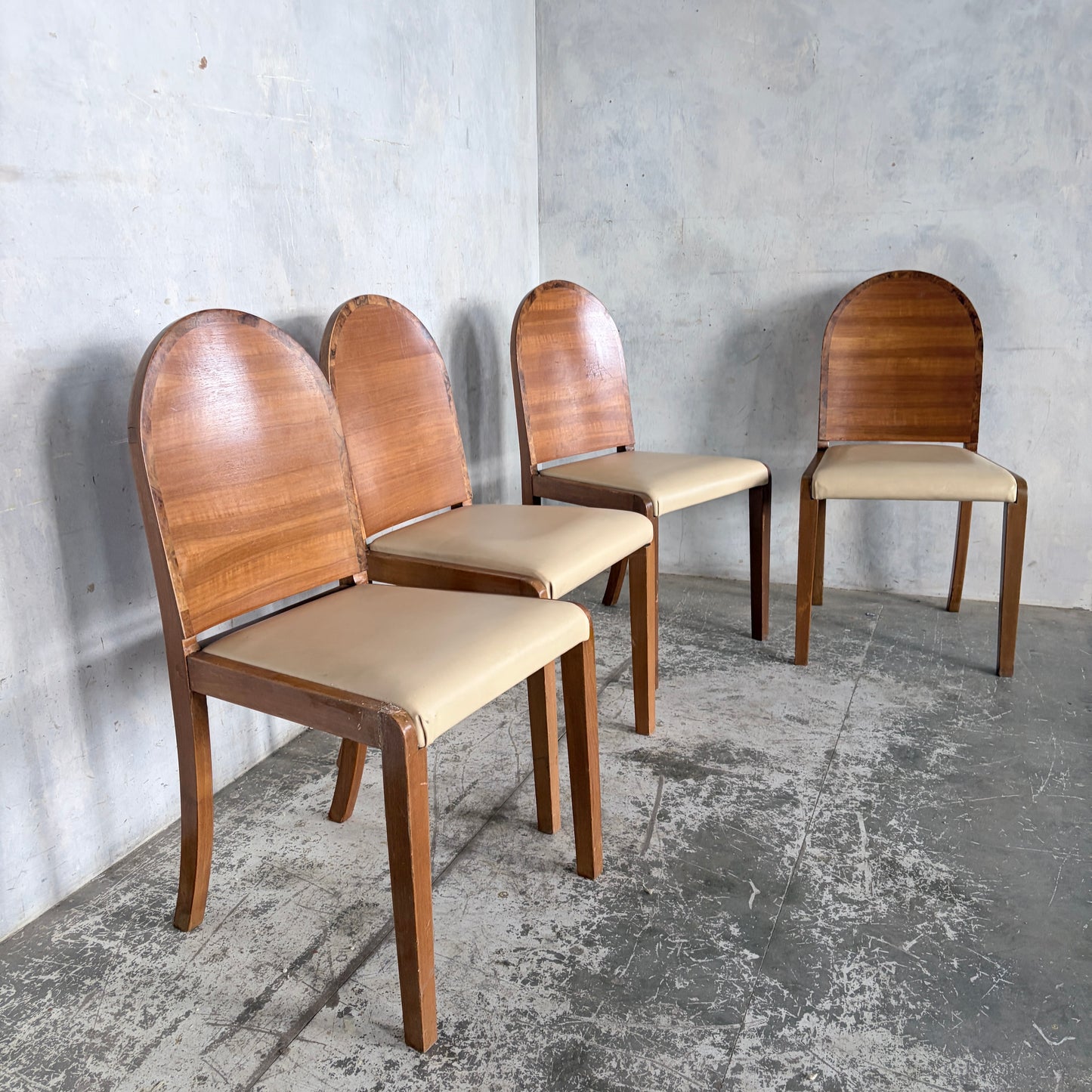 Set of Four Art Deco Burr Walnut Dining Chairs with Cream Upholstered Seats