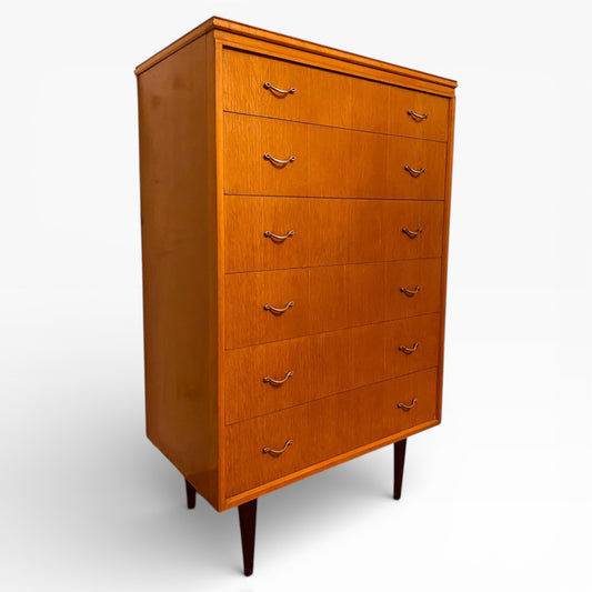 Mid Century Teak Tallboy - Vintage Six Drawer Chest With Brass Handles