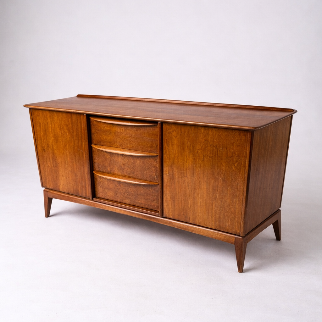 Mid Century Sideboard - McIntosh Walnut Wood Cabinet With Burr Veneer & Sculpted Handles
