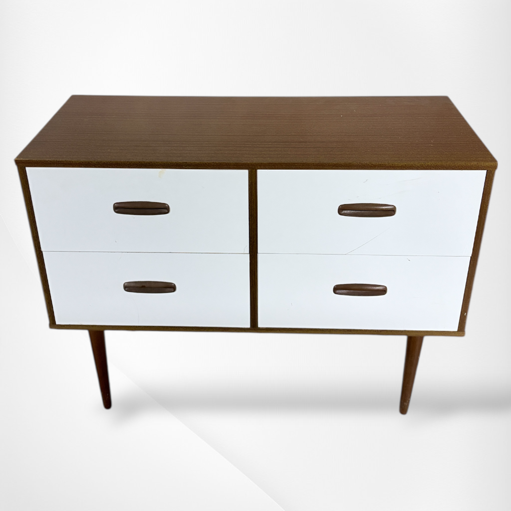 Mid-Century Storage Unit – Teak Cabinet With White Formica Drawers, Compact Sideboard