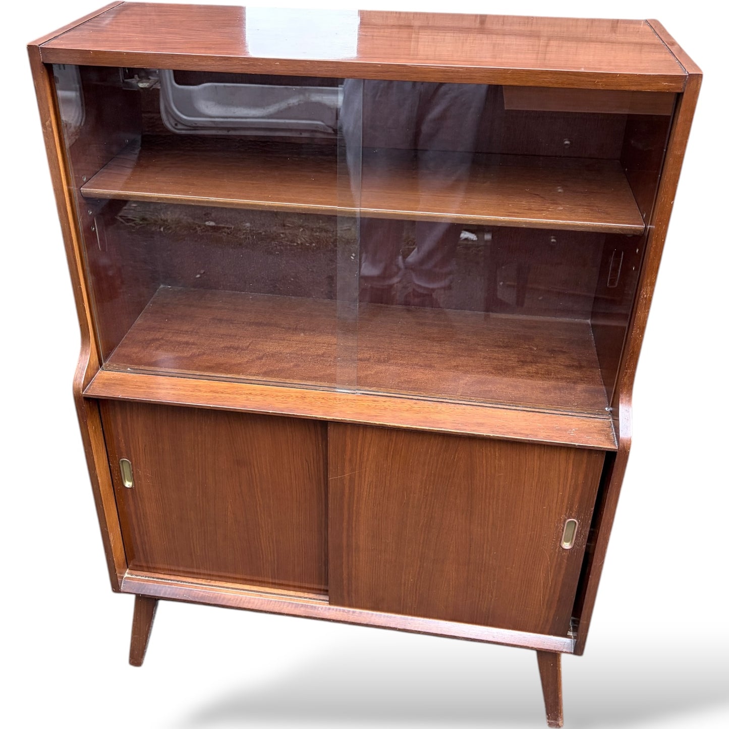 Mid Century Display Cabinet – Walnut Glazed Bookcase With Sliding Glass Doors