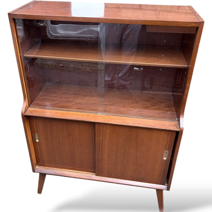 Mid Century Display Cabinet – Walnut Glazed Bookcase With Sliding Glass Doors