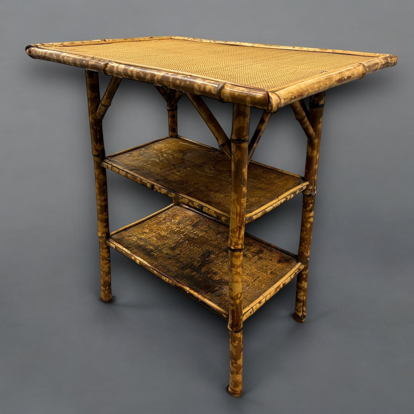 Mid Century Tiger Bamboo Two Tier Shelf Table