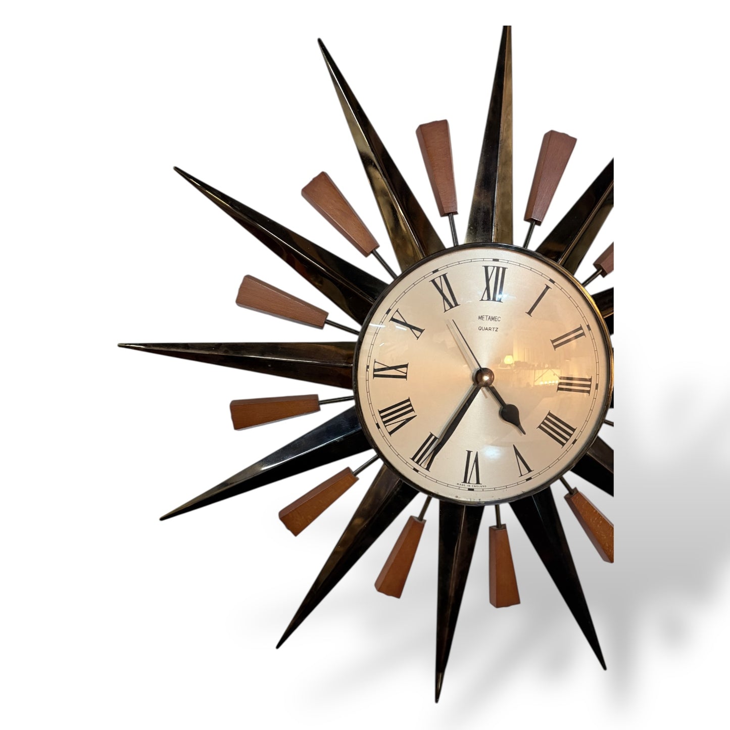 Mid-Century Metamec Sunburst Wall Clock – Brass & Teak, Quartz Movement — view 3