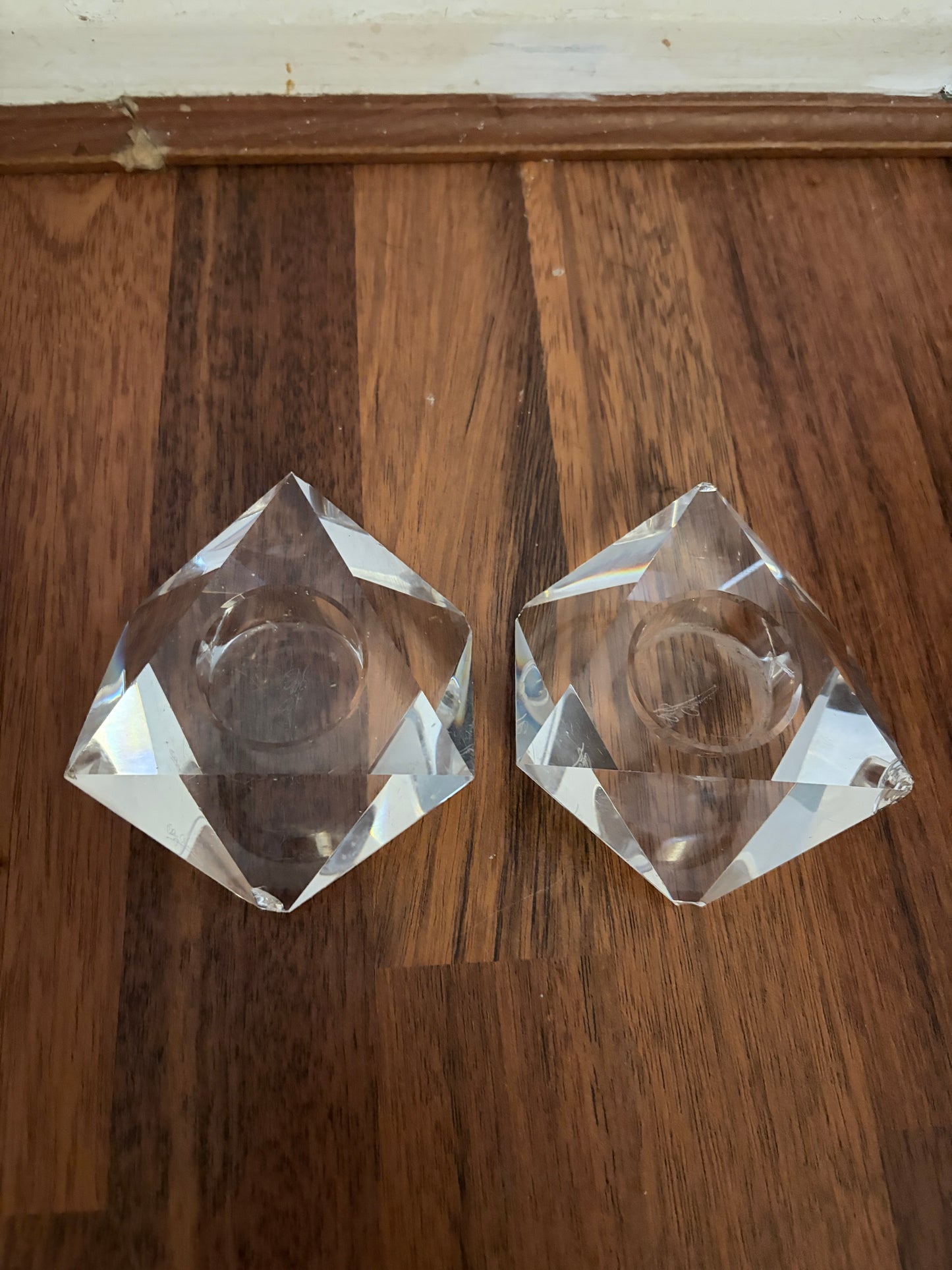 Pair of Mid Century Lucite Faceted Candle Holders – Geometric Crystal