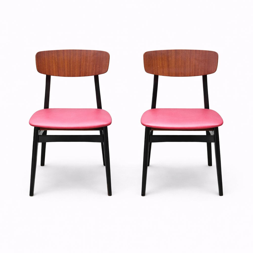 Pair of Mid-Century Teak Dining Chairs with Red Vinyl Seats — view 2