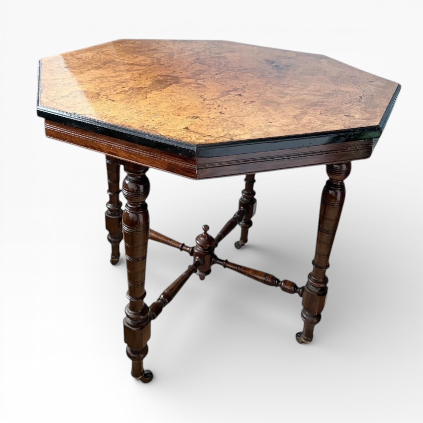Antique Burr Walnut Table | Compact Octagonal Dining Table with Ebonised Edge & Mahogany Base