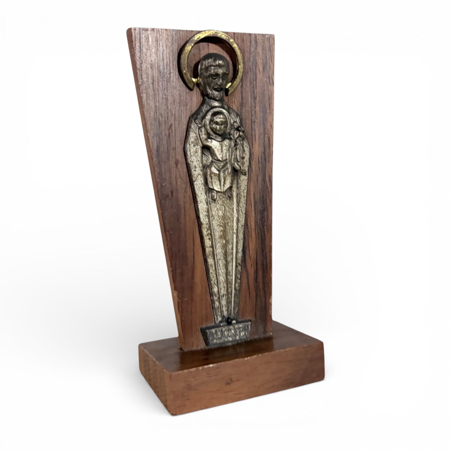 Mid Century Religious Sculpture – St Joseph Statue with Christ Child on Solid Wood Plinth