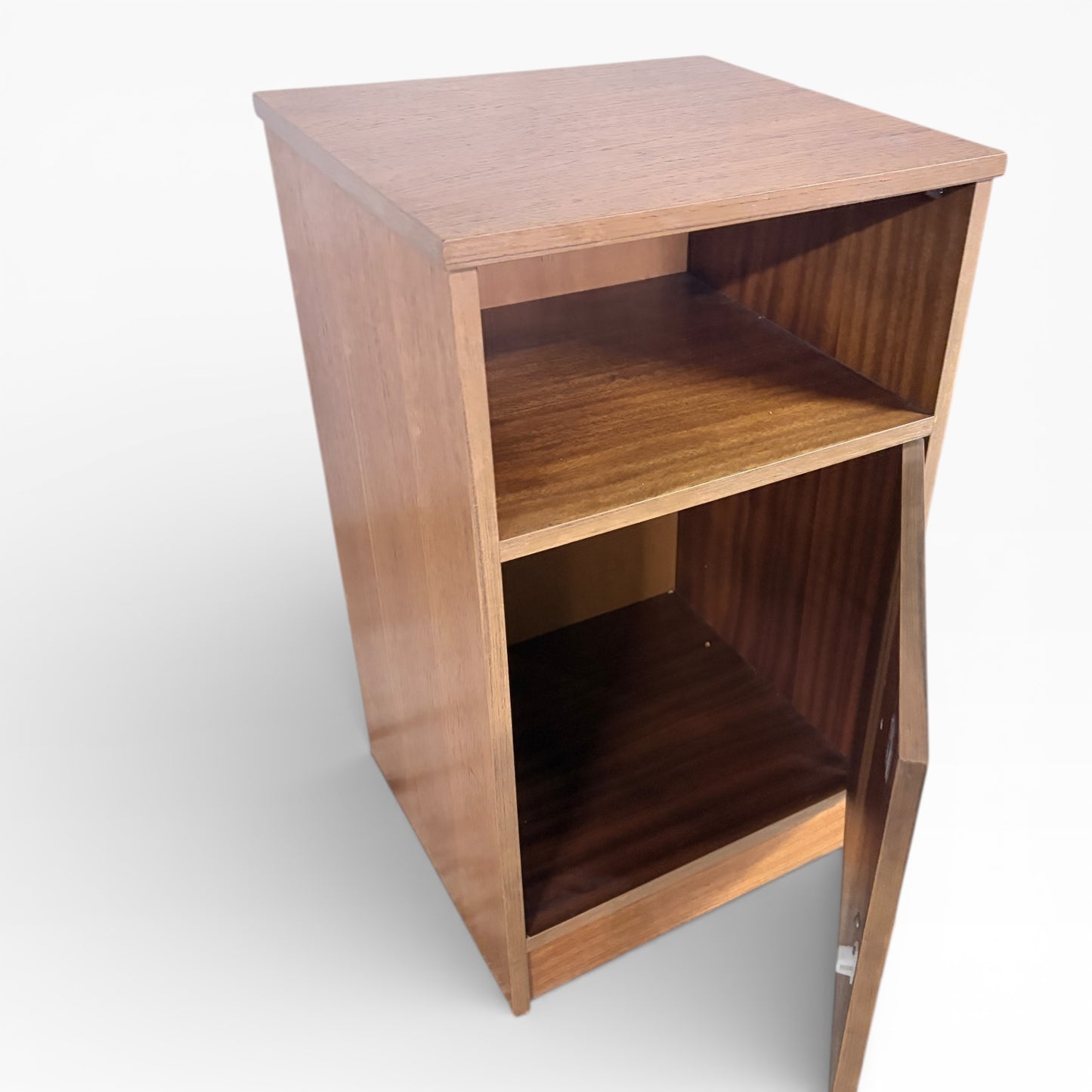 Mid Century Bedside Cabinet | Teak Stag Nightstand with Open Shelf & Cupboard