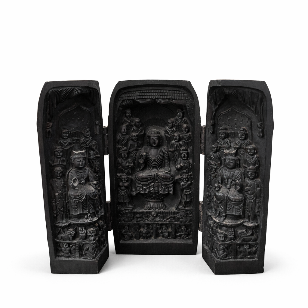 Vintage Hand-Carved Wooden Buddhist Triptych Shrine / Folding Altar