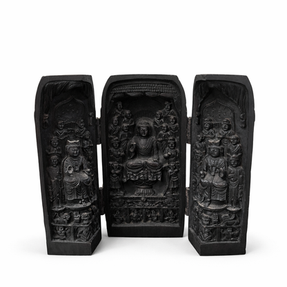 Vintage Hand-Carved Wooden Buddhist Triptych Shrine / Folding Altar