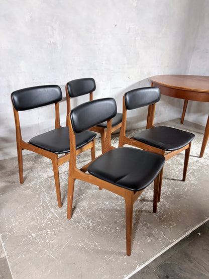 Mid Century Danish Teak Dining Chairs – Set of 4 Black Vinyl Seats