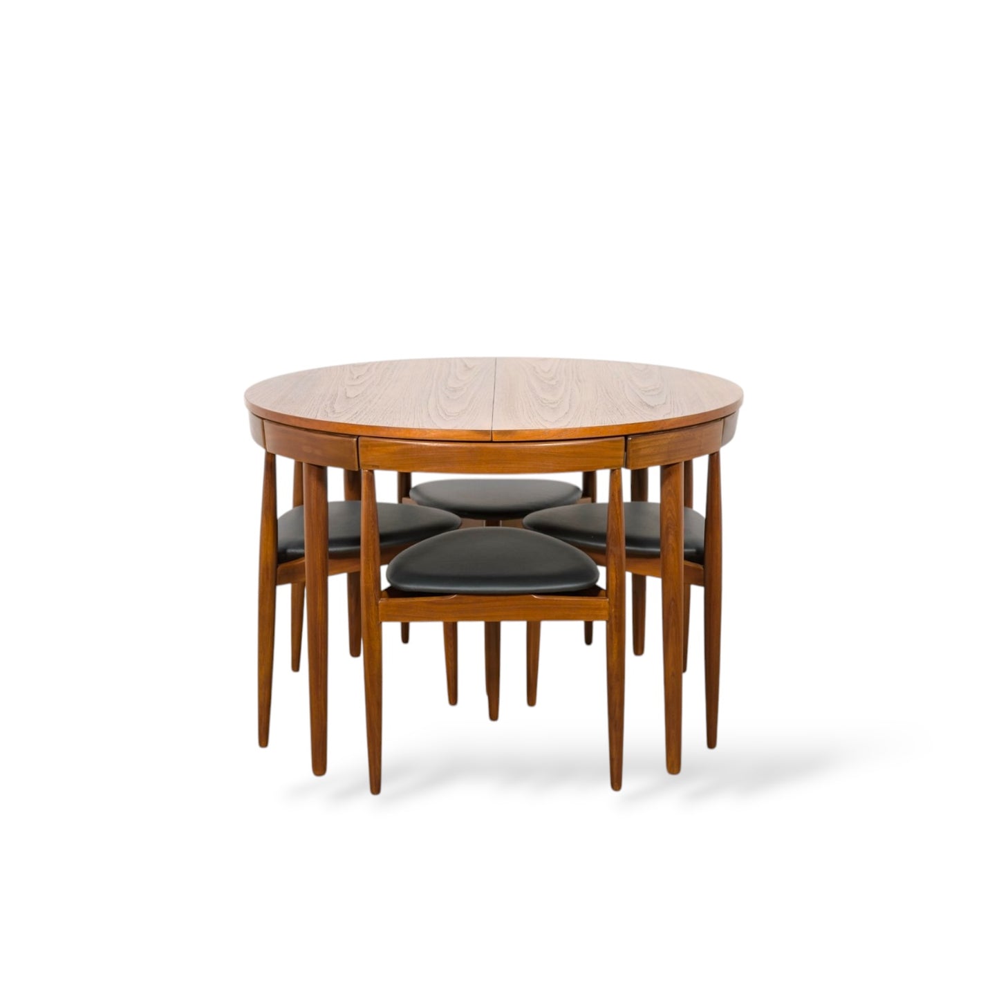 Hans Olsen Frem Røjle Teak Dining Set | Danish Mid Century Round Extending Table & 4 Tri-Leg Chairs