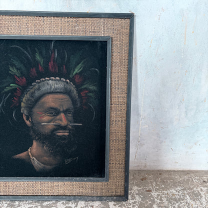 Vintage Signed Oil Portrait of a Papuan Highlander by L. Rewey | Original Mid-Century Framed Oil Painting — view 5