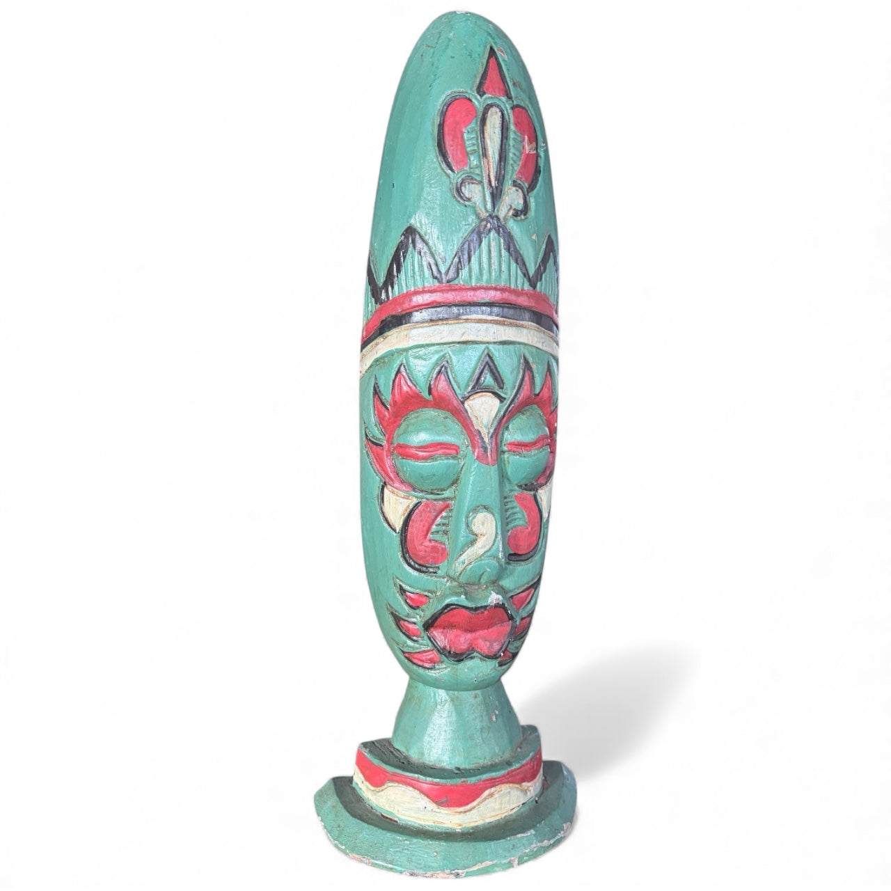 Hand-Carved Totem Sculpture – Vintage Wooden Head, Painted Folk Art Accent