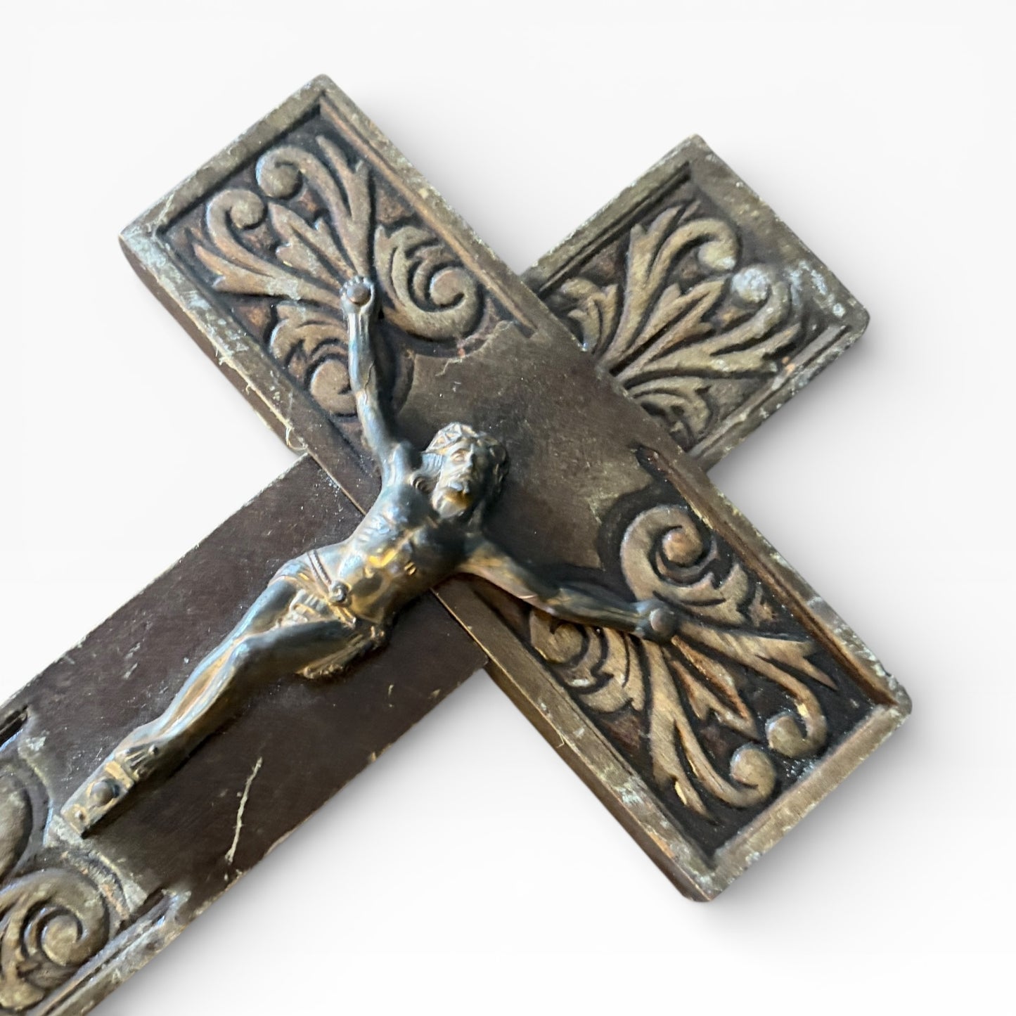 1970s Brass & Oak Crucifix Wall Sculpture – Vintage Religious Wall Art