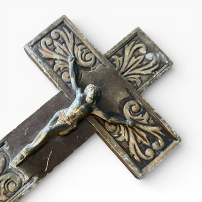 1970s Brass & Oak Crucifix Wall Sculpture – Vintage Religious Wall Art