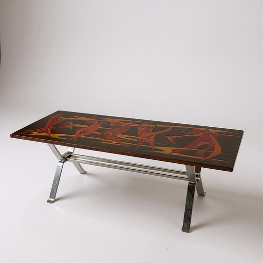 Mid Century Modern Flames Hand Painted Top Chrome Coffee Table