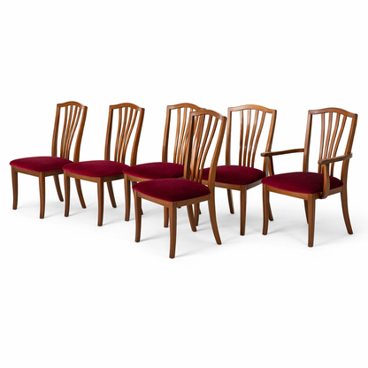 Set of 6 Vintage Teak Dining Chairs with Red Upholstery (2 Carvers + 4 Dining Chairs)