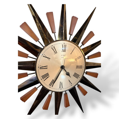 Mid-Century Metamec Sunburst Wall Clock – Brass & Teak, Quartz Movement — view 7