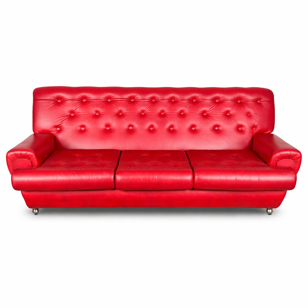 Mid Century Vintage Red Leather 3-Seater Sofa