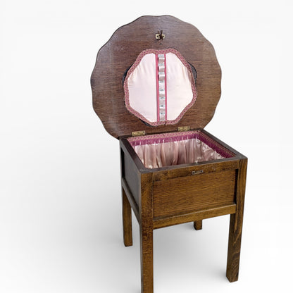 Oak Sewing Box - Vintage Arts And Crafts Utility Furniture With Scalloped Top