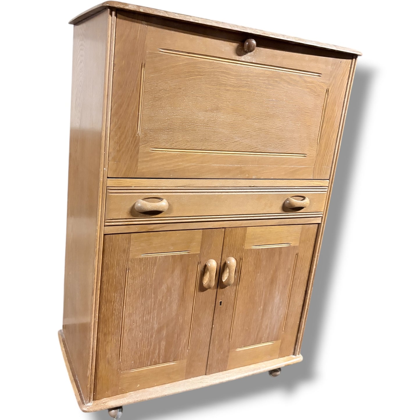 Vintage Oak Bureau - Drop Front Desk | Compact Writing Desk With Castor Wheels